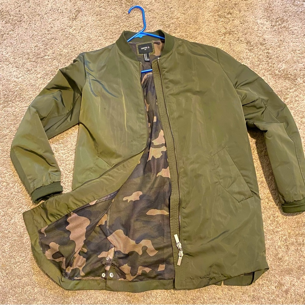 Forever 21 Olive Green Bomber Jacket with Camo Lining